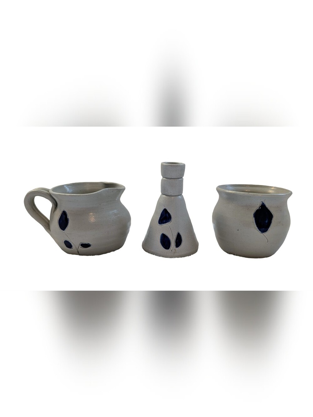Set 3 Vintage Williamsburg Pottery Salt Glazed Stoneware Ceramic Blue Leaf Piece